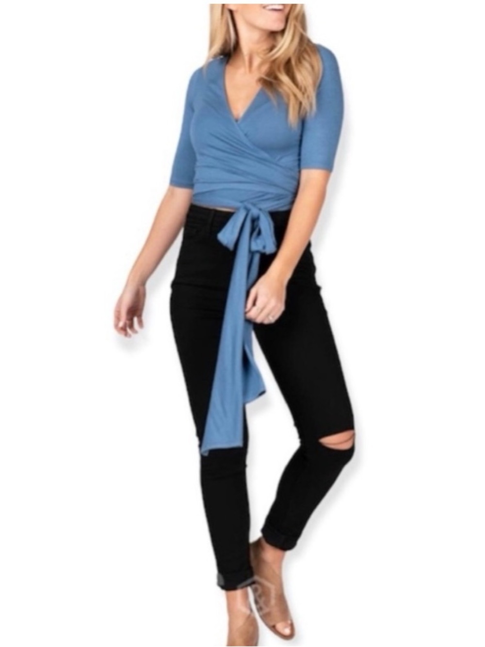 Agnes & Dora Blue Wrap Tie Crop Top